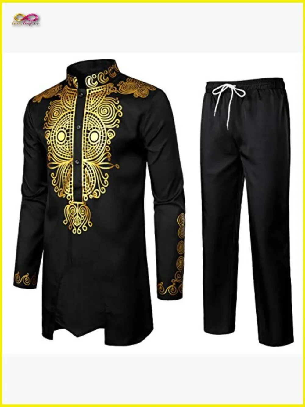 Men's African Dashiki Suit Slim Fit Polyester Traditional Gold Foil Print